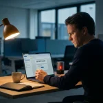 Kantoormedewerker bekijkt verdachte phishing-e-mail op laptop in modern werkruimte met rood waarschuwingslicht.