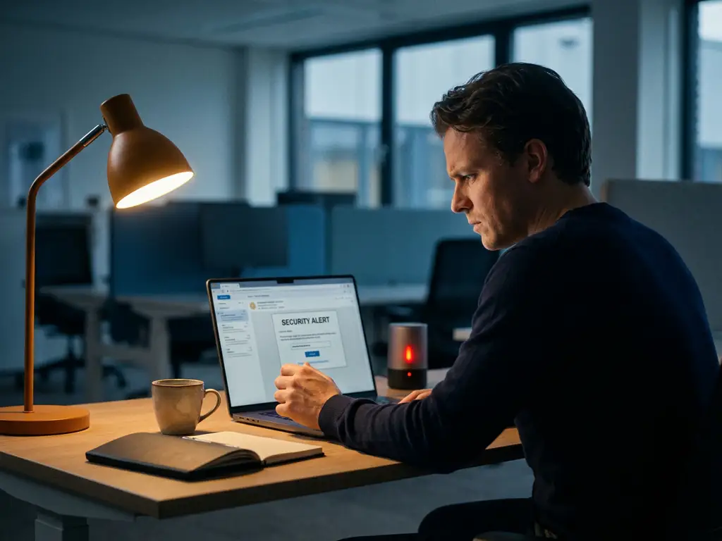 Kantoormedewerker bekijkt verdachte phishing-e-mail op laptop in modern werkruimte met rood waarschuwingslicht.