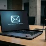 Verdachte e-mail op laptopscherm in donker kantoor met vishook op toetsenbord, symbool voor phishing.