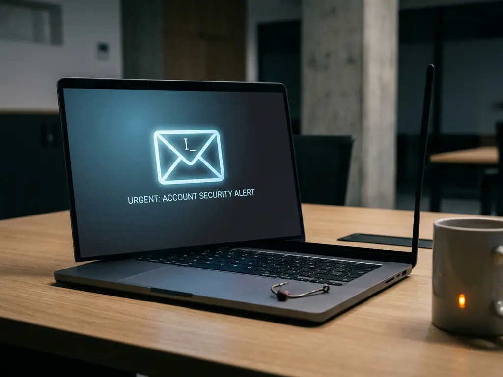 Verdachte e-mail op laptopscherm in donker kantoor met vishook op toetsenbord, symbool voor phishing.