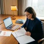 Medewerker bestudeert phishing simulatierapport aan bureau met laptop en beveiligingstrainingsmateriaal in warm kantoorlicht.
