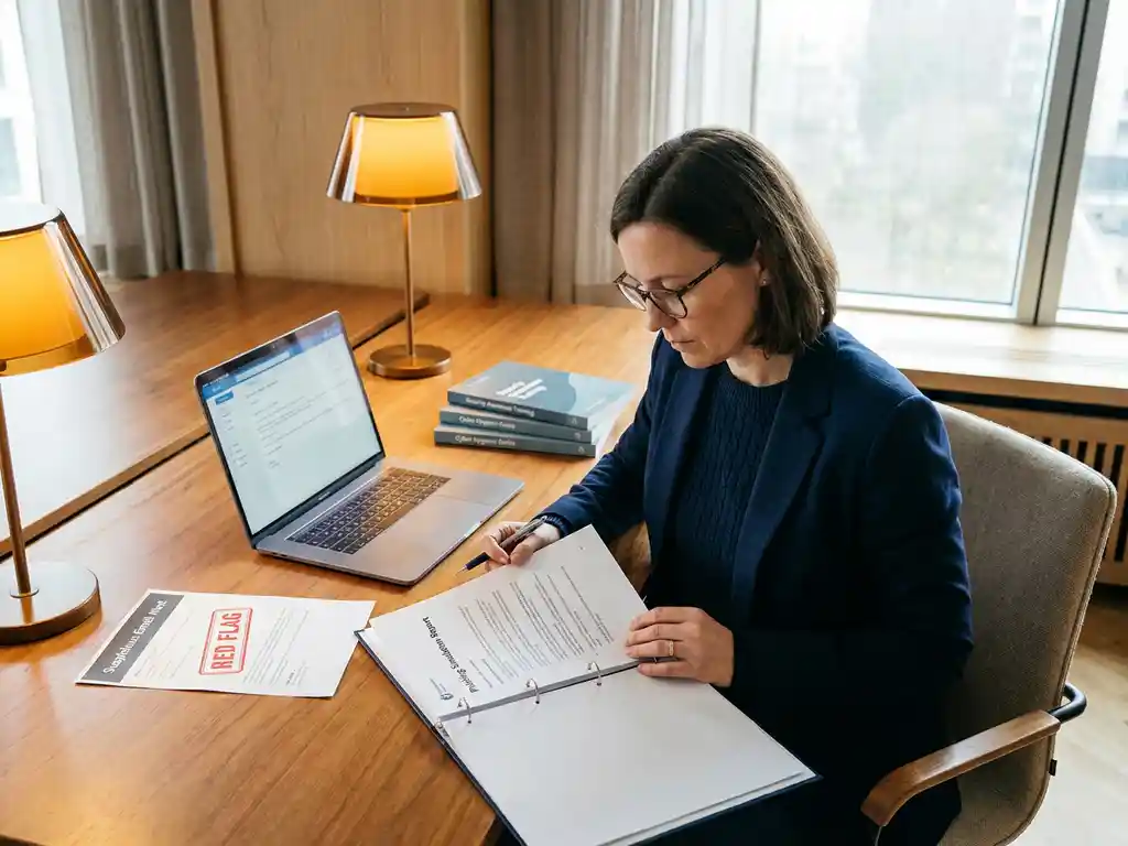 Medewerker bestudeert phishing simulatierapport aan bureau met laptop en beveiligingstrainingsmateriaal in warm kantoorlicht.