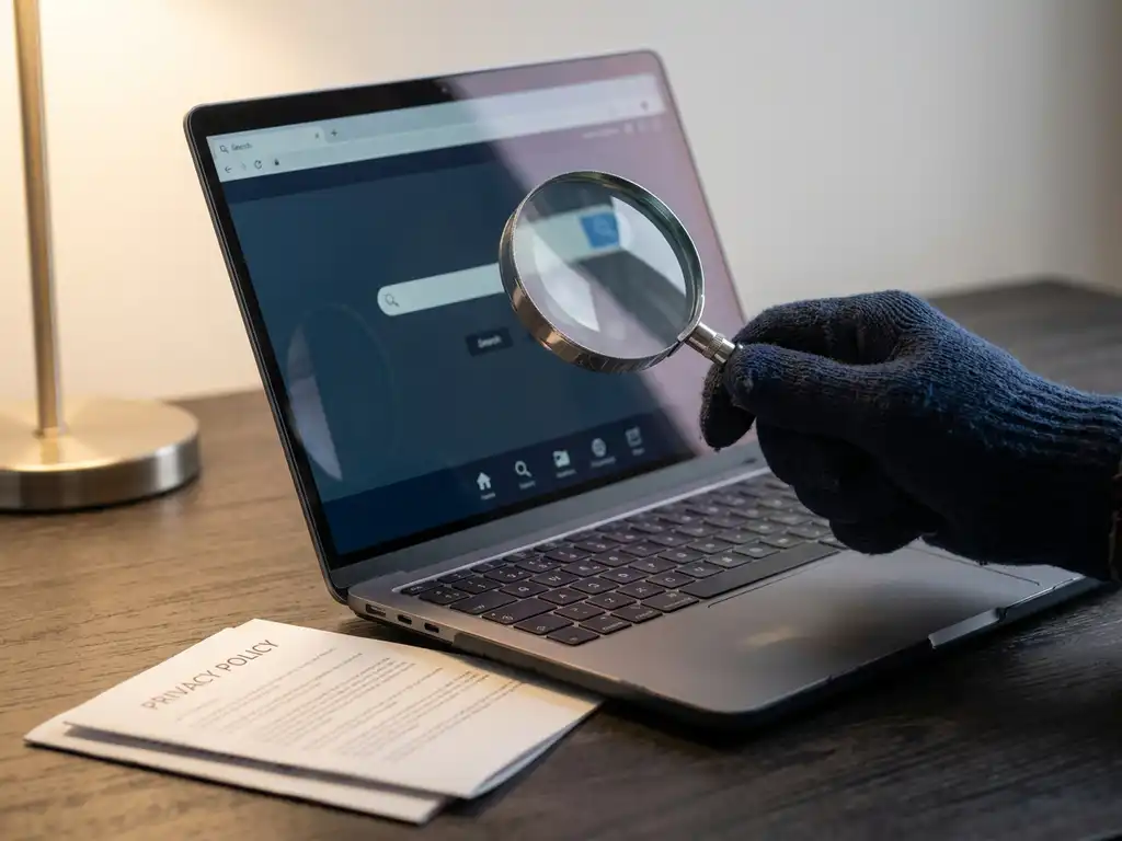 Gehandschoende hand met vergrootglas boven laptop met website, privacybeleid document op donker bureau.