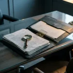 Leren map met privacybeoordelingsdocumenten open op glazen bureau, vergrootglas op gedrukte tekst, zichtbaar slotmechanisme onder papierlagen.