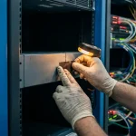 Technicushand die een plakpatch aanbrengt op een gebarsten serverpaneel in een donker datacenter met knipperende indicatielampjes.
