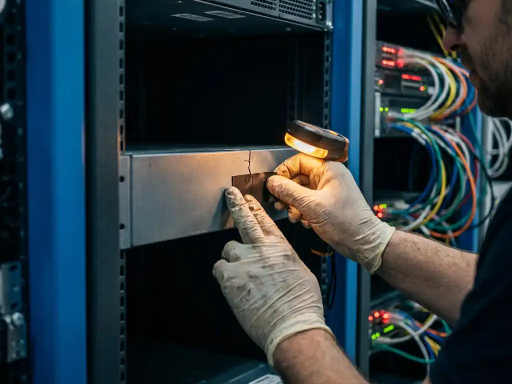 Technicushand die een plakpatch aanbrengt op een gebarsten serverpaneel in een donker datacenter met knipperende indicatielampjes.