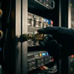 Gehandschoende hand die een cilinderslot uit een serverrack inspecteert, met zichtbaar pinmechanisme en serverruimte op de achtergrond.