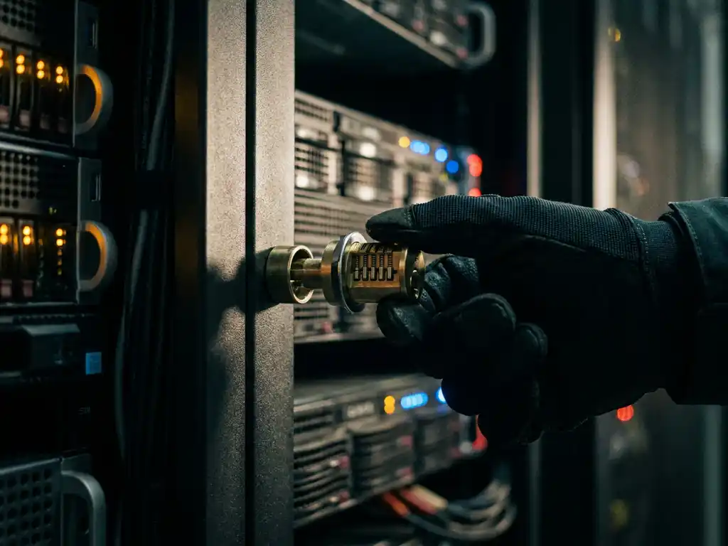 Gehandschoende hand die een cilinderslot uit een serverrack inspecteert, met zichtbaar pinmechanisme en serverruimte op de achtergrond.