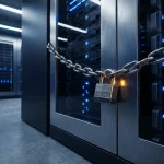 Stalen ketting met hangslot om een serverrack in een datacenter, symboliseert cyberbeveiliging, blauw en zilver ambiënt licht.