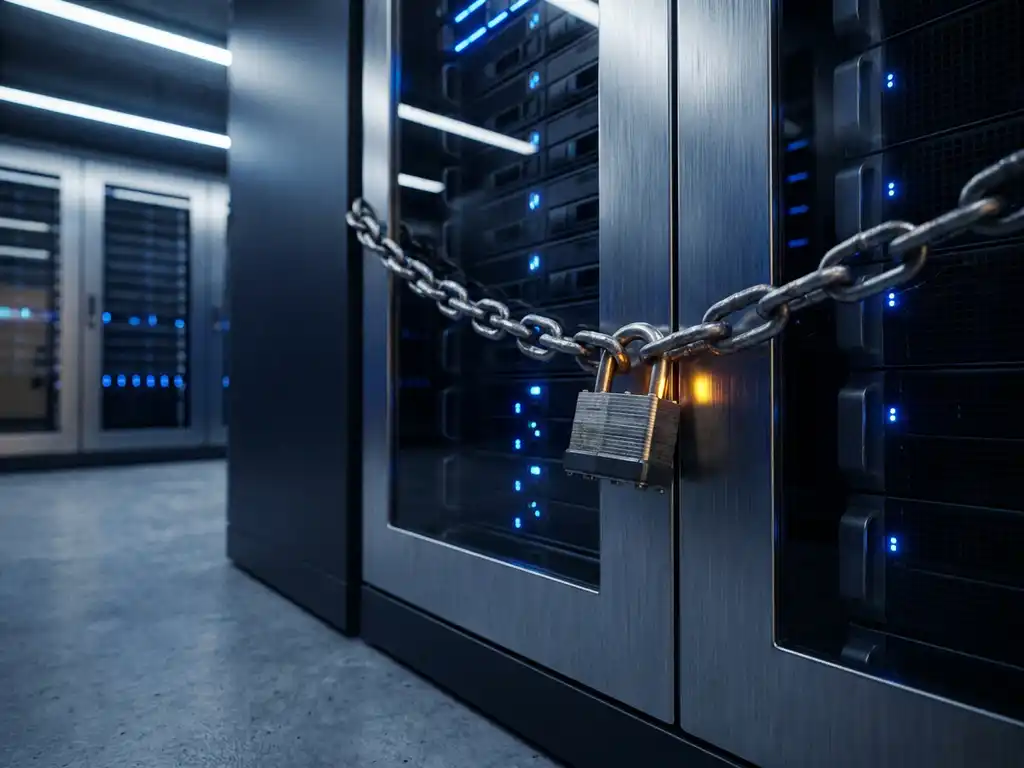 Stalen ketting met hangslot om een serverrack in een datacenter, symboliseert cyberbeveiliging, blauw en zilver ambiënt licht.