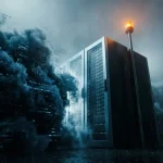 Serverrack met amber waarschuwingslicht weerstaat donkere stormwolken, dramatische lichtval van onderaf, staalblauwe en antraciet tinten.
