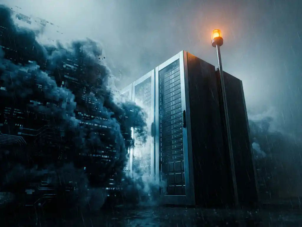 Serverrack met amber waarschuwingslicht weerstaat donkere stormwolken, dramatische lichtval van onderaf, staalblauwe en antraciet tinten.
