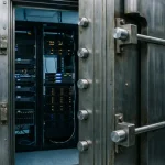 Zware stalen kluisdeur op een kier in een moderne serverruimte met zichtbare grendels en gloeiende servers op de achtergrond.