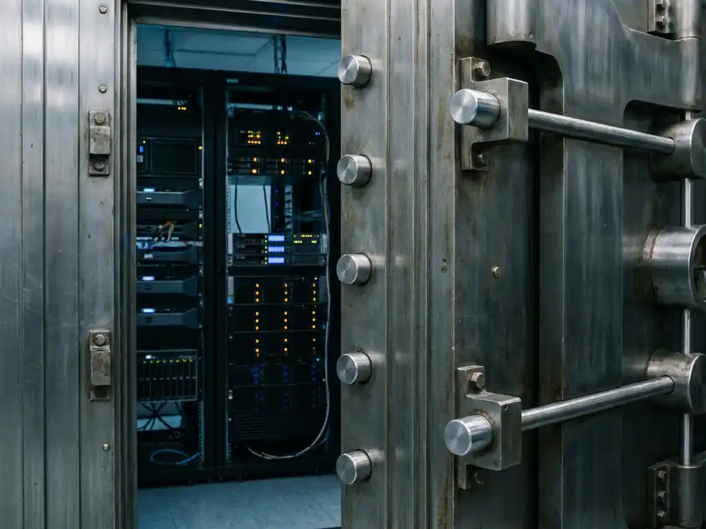 Zware stalen kluisdeur op een kier in een moderne serverruimte met zichtbare grendels en gloeiende servers op de achtergrond.