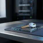 Gepolijste metalen sleutel in glazen beveiligingsbadgehouder op bureau, met blauwe en zilveren reflecties en vage serverrekken op achtergrond.