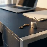 Fysieke sleutel naast een open hangslot op een modern bureau met zakelijke documenten en laptop op de achtergrond.