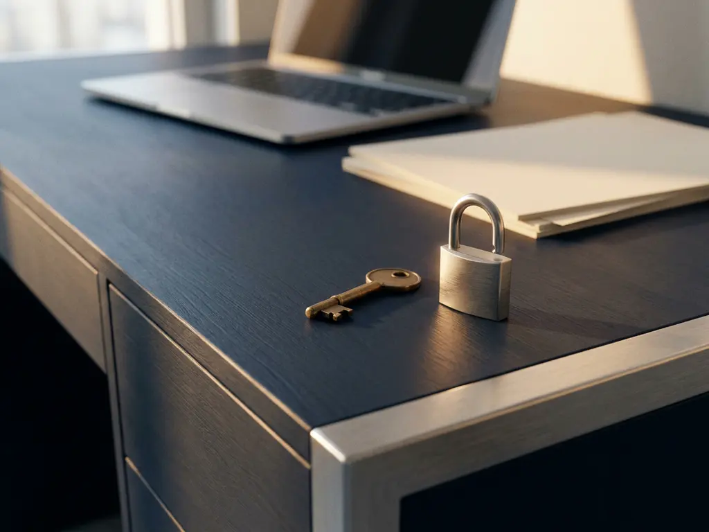 Fysieke sleutel naast een open hangslot op een modern bureau met zakelijke documenten en laptop op de achtergrond.