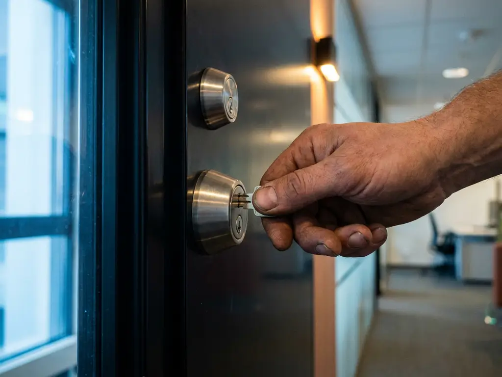 Verweerde hand die een sleutel in een modern deurslot steekt, met een stalen grendel op de achtergrond in een kantoorgang.