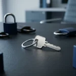Stalen sleutelhanger met één moderne sleutel op donker mat bureau, omgeven door onscherpe hangsloten in marineblauw en zilver.