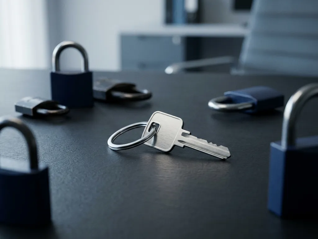 Stalen sleutelhanger met één moderne sleutel op donker mat bureau, omgeven door onscherpe hangsloten in marineblauw en zilver.