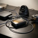 Tangle van smarthome-apparaten op donker bureau, waaronder router, beveiligingscamera en thermostaat, één apparaat met oranje waarschuwingslicht.