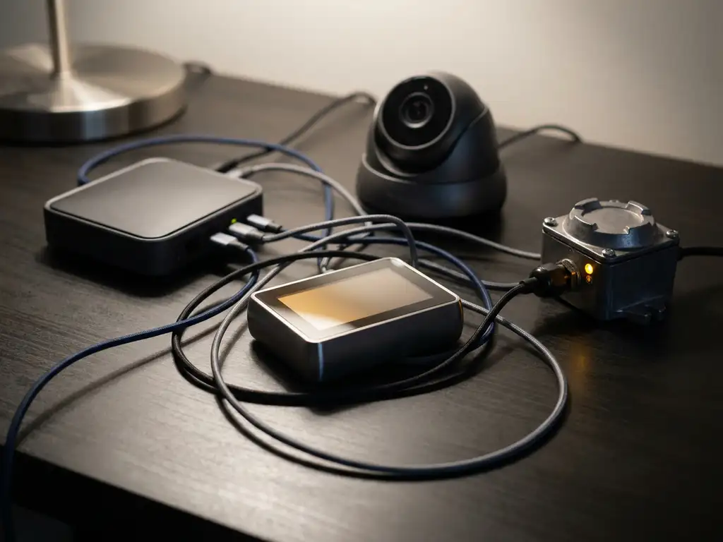Tangle van smarthome-apparaten op donker bureau, waaronder router, beveiligingscamera en thermostaat, één apparaat met oranje waarschuwingslicht.