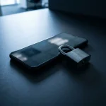 Smartphone op donker bureau met een hangslot ernaast, blauw omgevingslicht werpt scherpe schaduwen op het oppervlak.