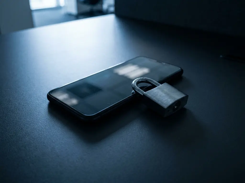 Smartphone op donker bureau met een hangslot ernaast, blauw omgevingslicht werpt scherpe schaduwen op het oppervlak.