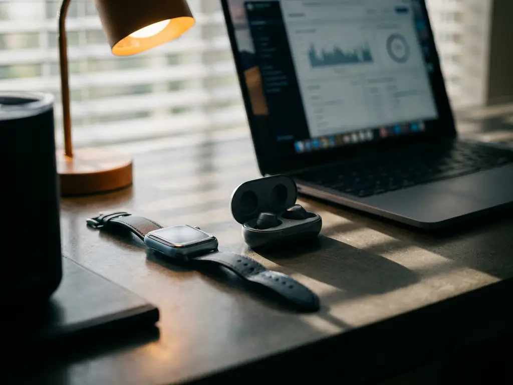 Smartwatch en draadloze oordopjes op een modern bureau naast een open laptop, met dramatische schaduwen en staalblauwe tinten.