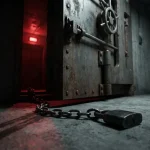 Zware stalen kluisdeur op een kier met gebroken ketting op betonvloer, rood noodlicht werpt lange schaduwen in dreigende sfeer.