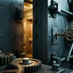 Zware stalen kluisdeur op een kier met messing sleutel in het slot, warme amber gloed vanuit de beveiligde ruimte.