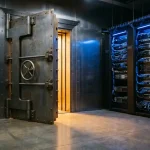 Zware stalen kluisdeur op een kier met warm amberkleurig licht, ingebouwd in een moderne serverruimte met blauwe sfeerverlichting en nette kabelgoten.