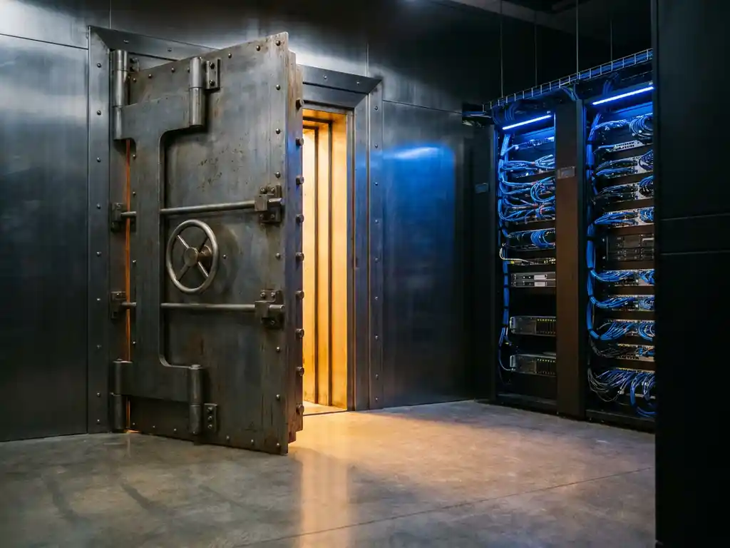 Zware stalen kluisdeur op een kier met warm amberkleurig licht, ingebouwd in een moderne serverruimte met blauwe sfeerverlichting en nette kabelgoten.