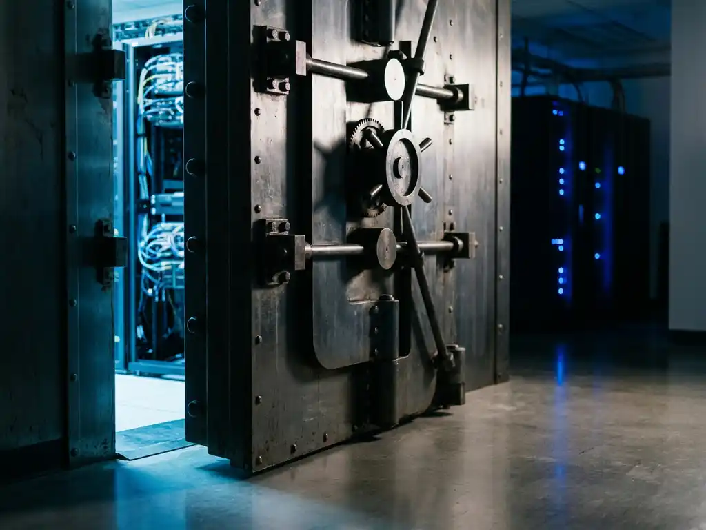 Zware stalen kluisdeur op een kier in een moderne serverruimte met koel blauw licht op betonnen vloer.