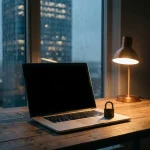 Laptop op minimalistisch thuiswerkbureau met hangslot, regenachtig kantoorgebouw zichtbaar door raam, sfeervol amberkleurig lamplicht.