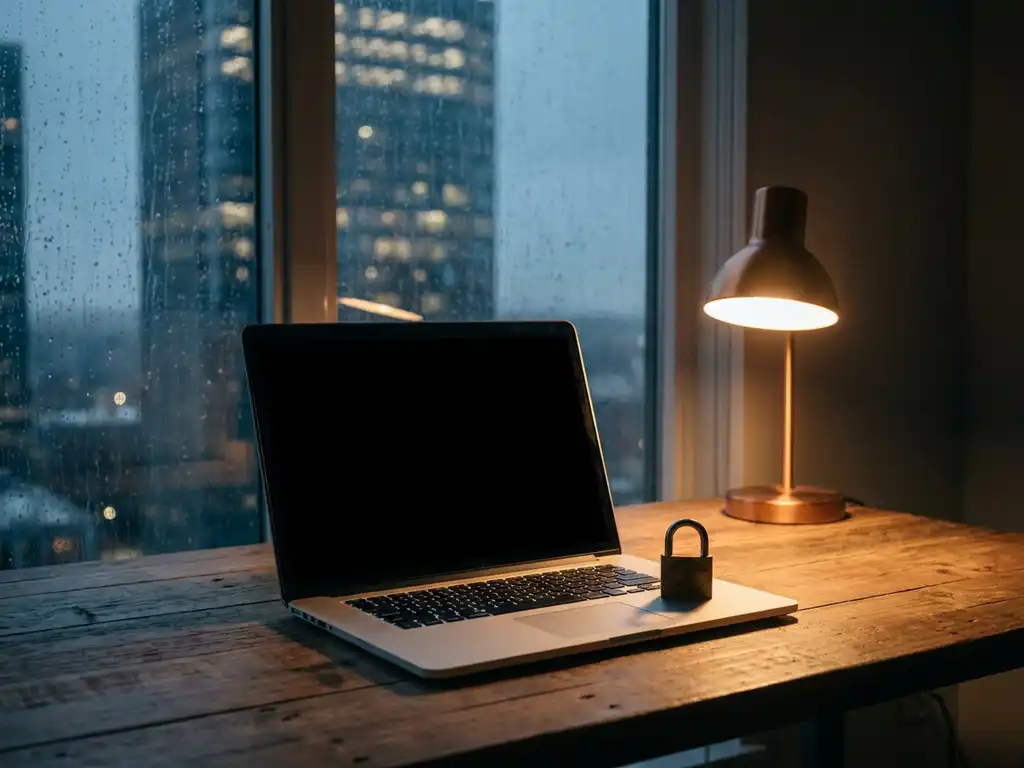 Laptop op minimalistisch thuiswerkbureau met hangslot, regenachtig kantoorgebouw zichtbaar door raam, sfeervol amberkleurig lamplicht.