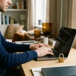 Professional werkend op laptop thuis met klein hangslot op toetsenbord, symbool voor digitale beveiliging, warm interieur op achtergrond.