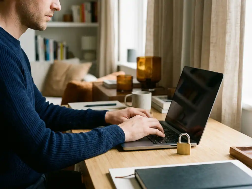 Professional werkend op laptop thuis met klein hangslot op toetsenbord, symbool voor digitale beveiliging, warm interieur op achtergrond.