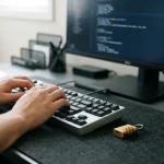Ontwikkelaar typt op mechanisch toetsenbord met cijferslot ernaast en code zichtbaar op donker monitor op de achtergrond.
