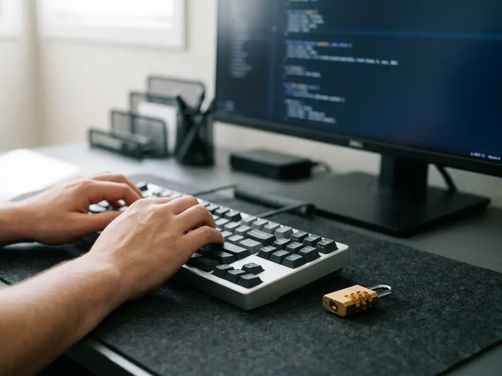 Ontwikkelaar typt op mechanisch toetsenbord met cijferslot ernaast en code zichtbaar op donker monitor op de achtergrond.