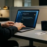 Werknemer bekijkt verdachte e-mail op laptop, handen boven toetsenbord, koffiekop en toegangspas op modern bureau.