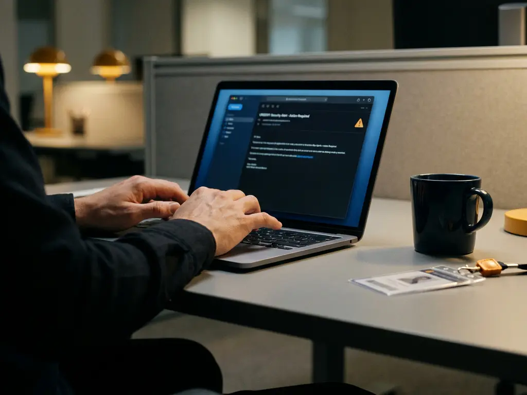 Werknemer bekijkt verdachte e-mail op laptop, handen boven toetsenbord, koffiekop en toegangspas op modern bureau.