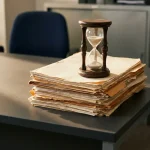 Stapel vergeelde officiële documenten met een antieke zandloper op een modern bureau, symboliseert verlopende archieftermijnen.