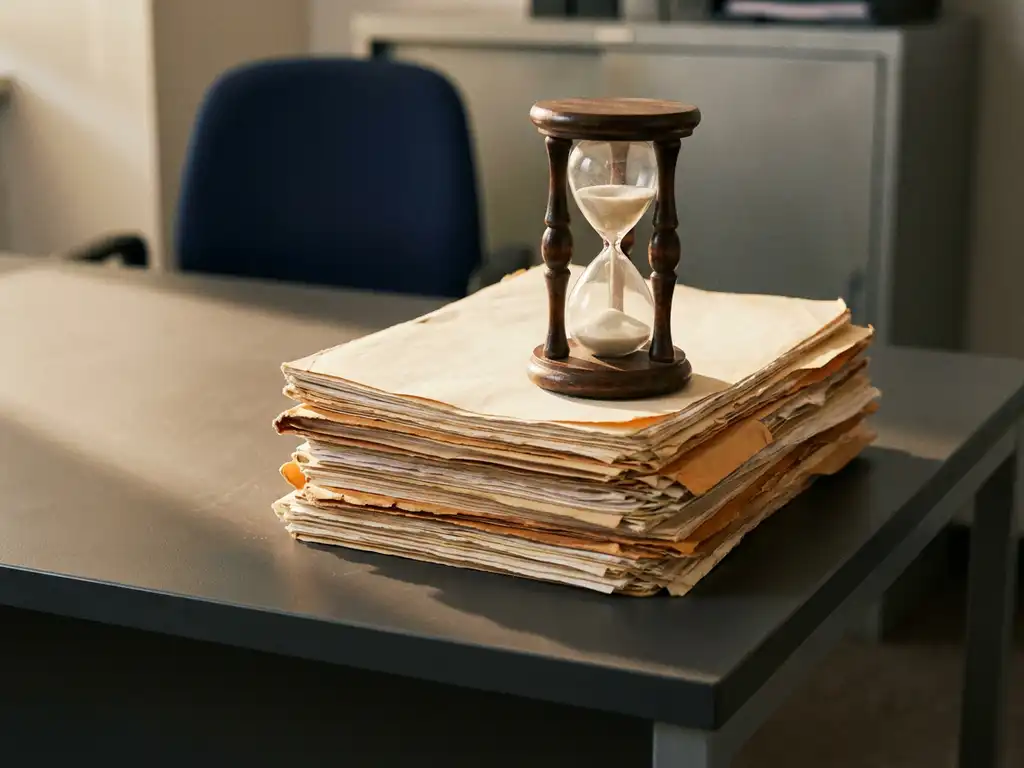 Stapel vergeelde officiële documenten met een antieke zandloper op een modern bureau, symboliseert verlopende archieftermijnen.