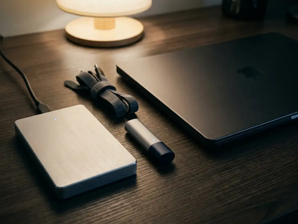 Externe harde schijf en versleutelde USB-stick op donker bureau met kabelorganizers en gesloten laptop, blauwe ledverlichting.
