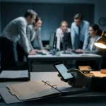 Werknemer fotografeert stiekem vertrouwelijke documenten op kantoor met smartphone terwijl collega's op de achtergrond werken.