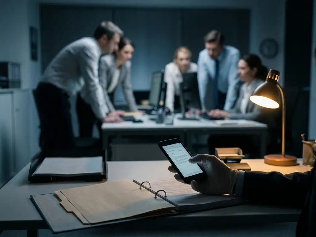 Werknemer fotografeert stiekem vertrouwelijke documenten op kantoor met smartphone terwijl collega's op de achtergrond werken.