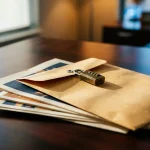 Verzegelde manila envelop met combinatieslot op donker bureau, marketingdocumenten eronder, zachte bokeh achtergrond.