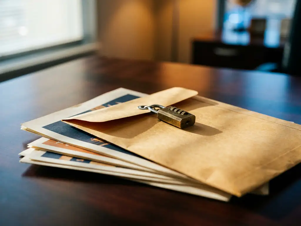 Verzegelde manila envelop met combinatieslot op donker bureau, marketingdocumenten eronder, zachte bokeh achtergrond.