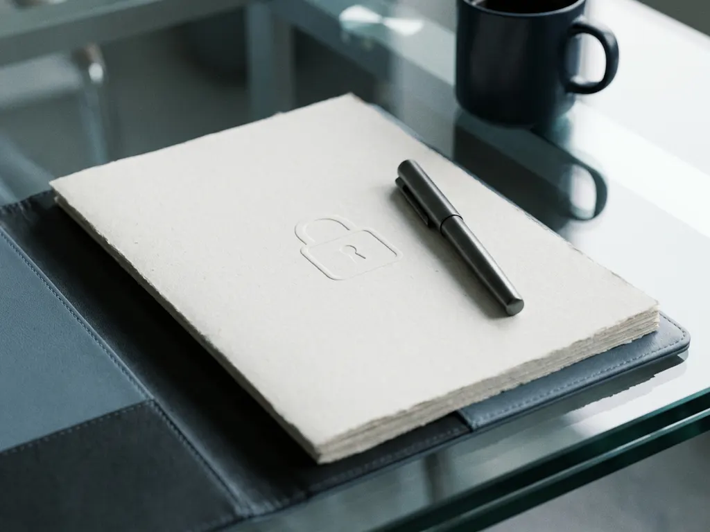 Formele gegevensverwerkingsovereenkomst op glazen bureau met pen en ingeperst slotje, kantoorverlichting, professionele sfeer.